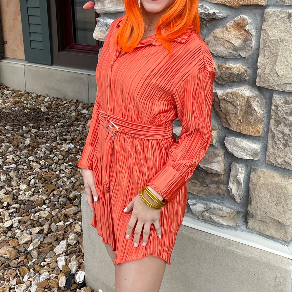 Orange shirt dress with ruffle tunic and belt